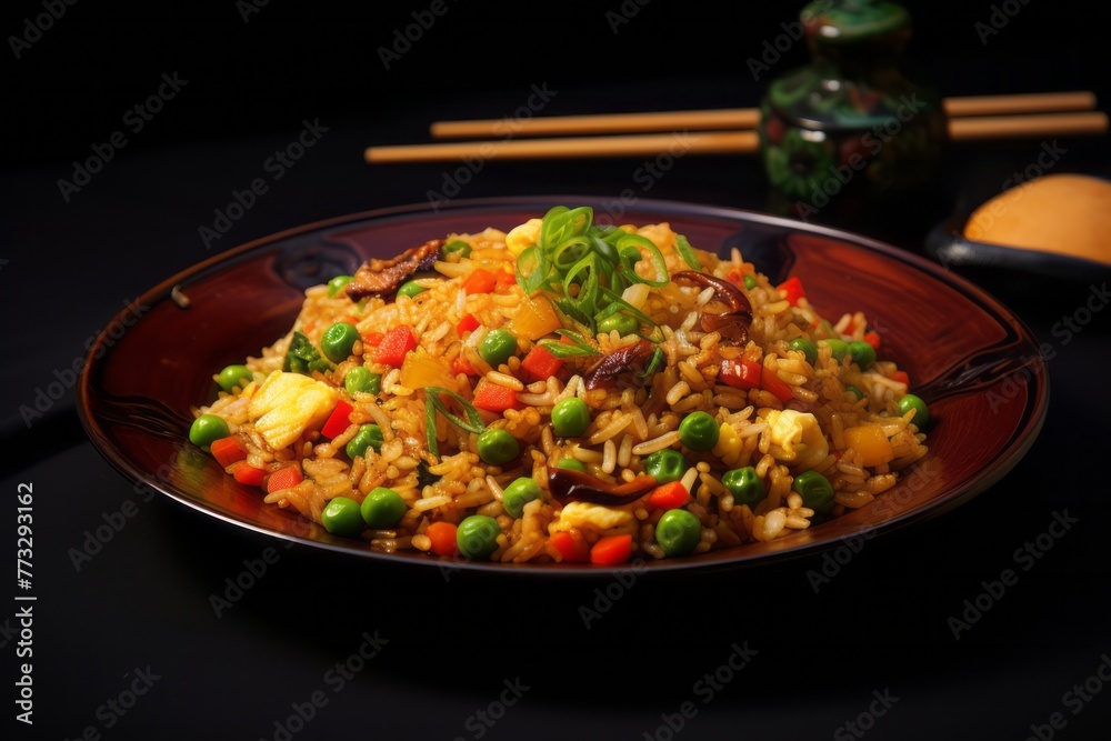 Juicy fried rice on a slate plate against a woolen fabric background