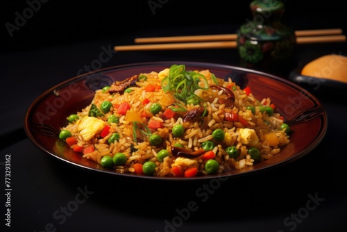 Juicy fried rice on a slate plate against a woolen fabric background