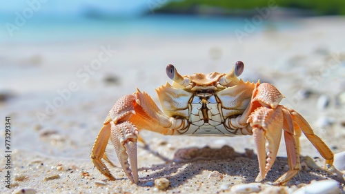 A crab on the beach behind the sandy beach on a clear day. world ocean day world environment day .Virtual image. © Tong