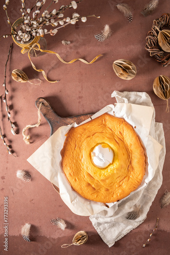Pao de Lo de Alfeizerao. The traditional Portuguese sponge cake wrapped in the typical paper used on the baking. photo