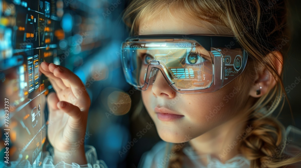 cute litter girl student with (VR) virtual reality headset cute litter girl student with (VR) virtual reality headset