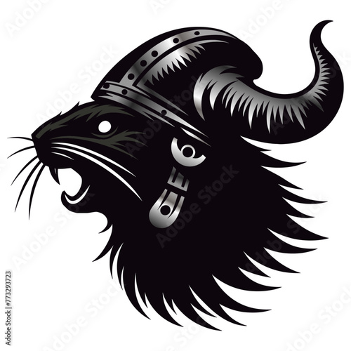 This compelling artwork features an anthropomorphic rat as a formidable Viking warrior. Captured in a bold graphic style, the rat dons a traditional Viking helmet, complete with ornate decorations sig