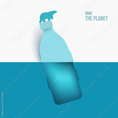 Silhouette plastic bottle in water and polar bear above. Creative 3d paper cut style. Save planet composition. Modern ecology concept art. Abstract minimal vector illustration.