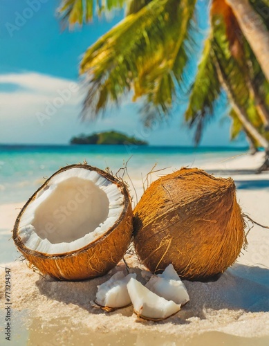 Tropical Beach Paradise with Fresh Coconuts on White Sand