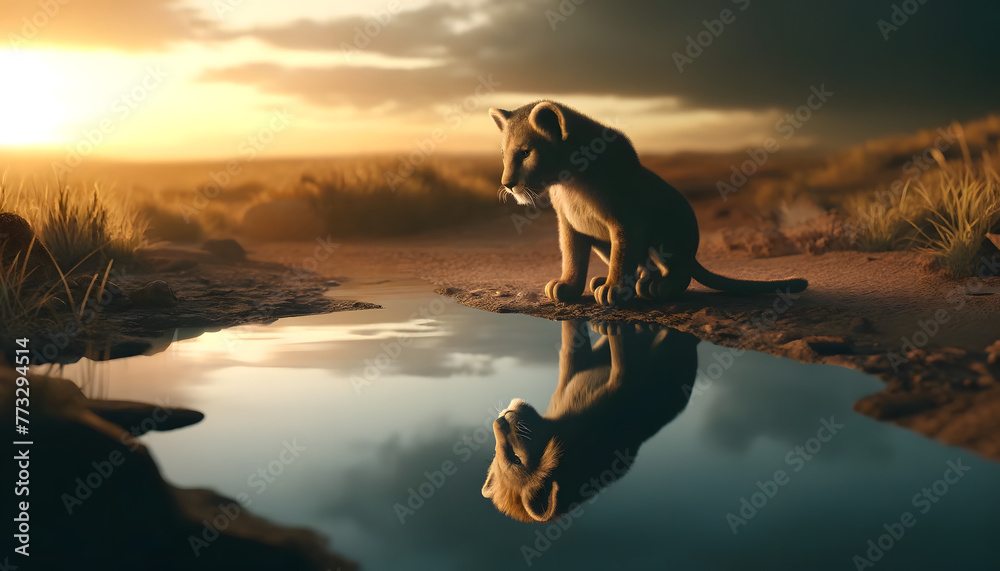An ultra-photorealistic image of a lion cub by the water's edge. The cub gazes into the water, seeing its reflection as a fully grown, majestic lion - obrazy, fototapety, plakaty 
