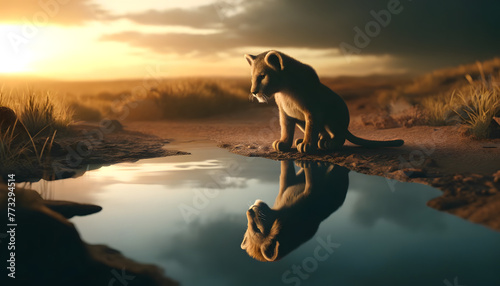 An ultra-photorealistic image of a lion cub by the water's edge. The cub gazes into the water, seeing its reflection as a fully grown, majestic lion photo