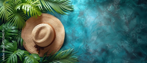  A straw hat atop a palm tree, beside a verdant leafy plant, against a blue backdrop