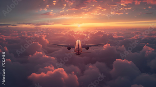 Passenger airplane flying over the cloudy sky, Commercial airplane, travel and tourism background, banner, poster 