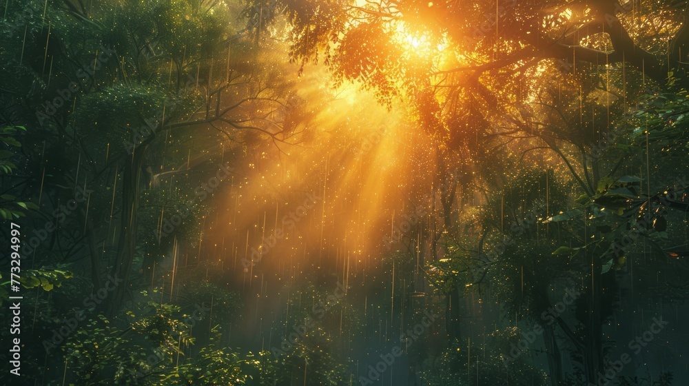 Forest, after rain, sunrise, sunlight shining from the top of the trees in the forest
