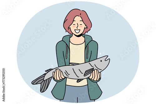 Smiling woman holding fish in hands excited with successful fishing. Happy female fisher with haul. Hobby and entertainment. Vector illustration.