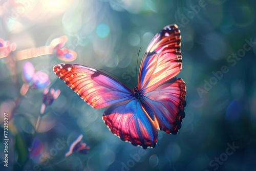 Brightly painted butterfly soaring, wings fully spread, soft backlight, high detail © BeblackDesign