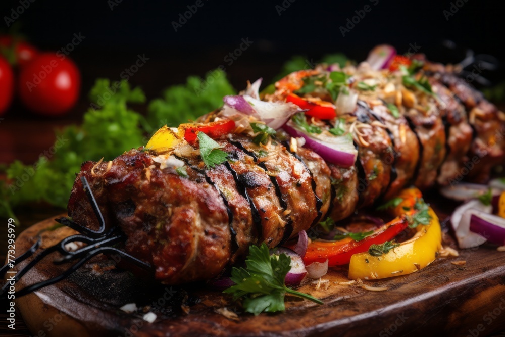 Exquisite kebab on a plastic tray against a natural brick background