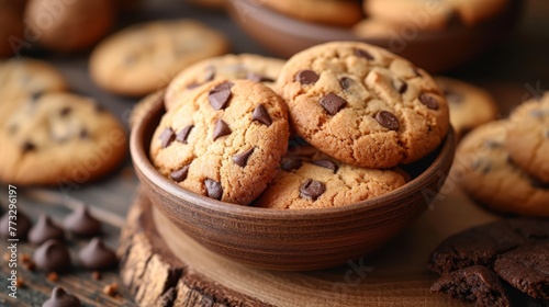  A bowl of chocolate chip cookies sits atop a wooden table, accompanied by a stack of additional cookies nearby