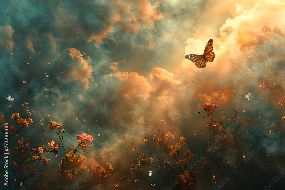 A bird gracefully soars through a cloudy sky above a field of blooming flowers - obrazy, fototapety, plakaty 