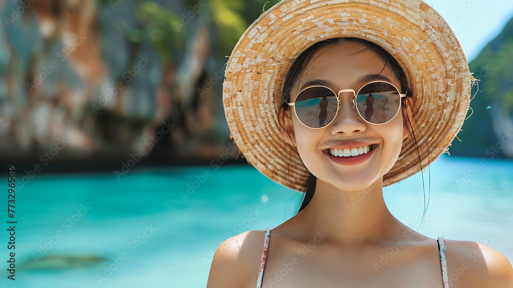 girl with sunglasses and straw hat on beach with generative ai