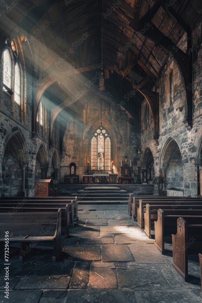 Moody lighting inside a historic church, hyperrealistic texture of aged stone and wood visible