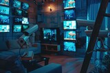 Moody, hyperrealistic display of remote monitoring screens, home security cameras keeping watch