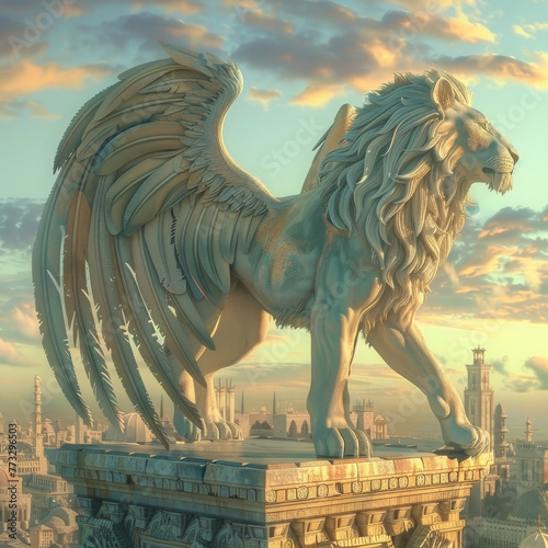 Winged lion statue in mythical city, illustration, Nashid Chroma, 4K