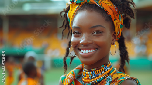 happy african female soccer fan in a full stadium recording the game with phone,generative ai photo