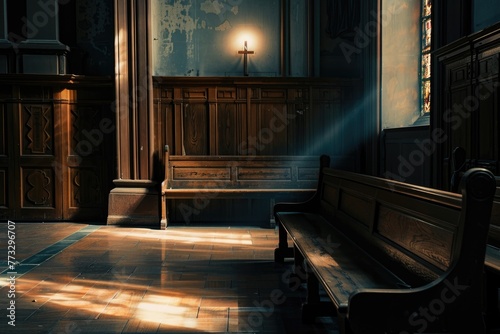 Church confessionals under moody lighting, hyperrealistic shadows hinting at quiet confessions