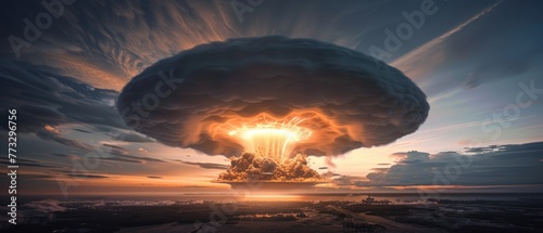 Hyperrealistic depiction of the intense light and dark contrasts in a nuclear mushroom cloud photo