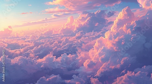  The sky is a blend of blue and pink, with the sun casting a rosy glow on the pink clouds