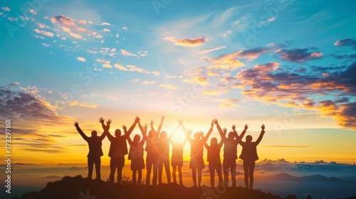 silhouette of young peoples in outdoor. Hands up. 