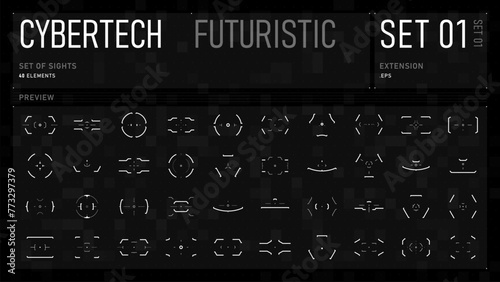 Set of cyberpunk targets. A collection of HUD futuristic aims, scopes, sights, reticles and crosshairs. Vector set of futuristic HUD design elements.