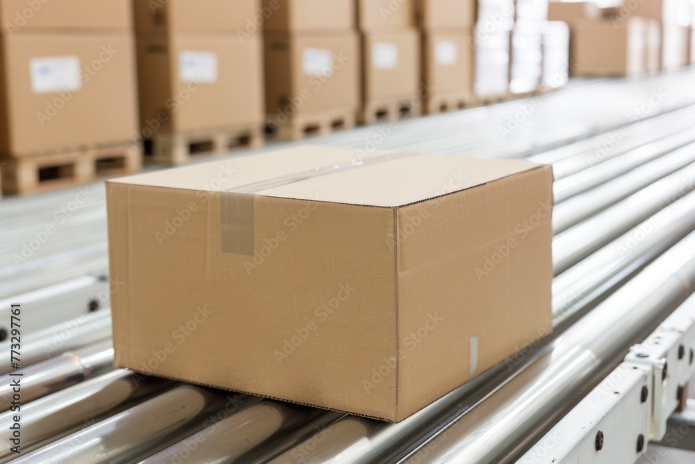 Cardboard box packages warehouse conveyor system on white background Cardboard box packages warehouse conveyor system on white background