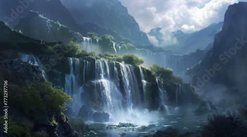  A waterfall painted in a forest's heart, river running its course between, mountain range backdrop