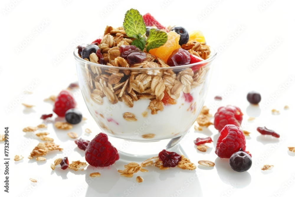 cereal with fruit dropped in yogurt Isolated on white background cereal with fruit dropped in yogurt Isolated on white background