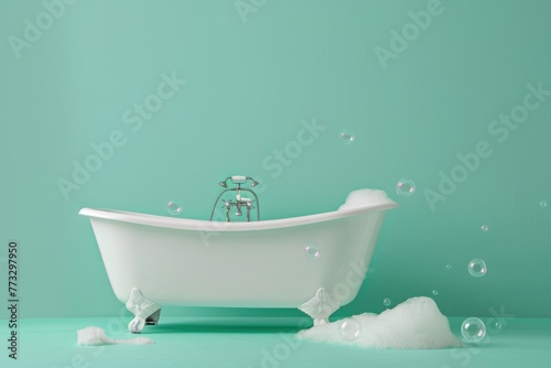 Classic white bathtub with soap foam and bubbles