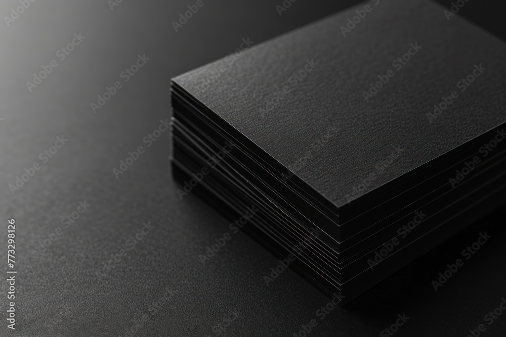 Close up of black business card stack with reflective surface. Dark elegant branding - obrazy, fototapety, plakaty 