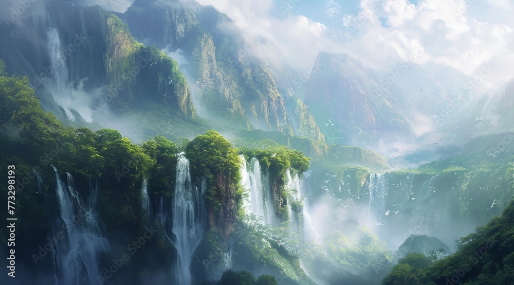   A waterfall painted in a forest's heart, mountain backdrop, cloud-dotted sky