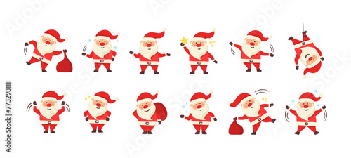 Big set of Santa Claus with present  bag with presents  waving and greeting Christmas and New Year. Funny cute cartoon character dancing and running. For xmas cards  banners  tags and labels.