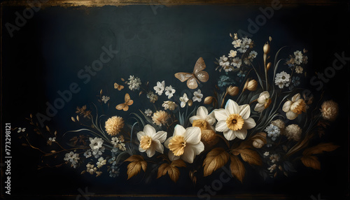 A vintage floral botanical scene featuring small, intricate daffodils and soft white flowers along the outer edge, set against a dark navy blue background with a luminous gold patina effect