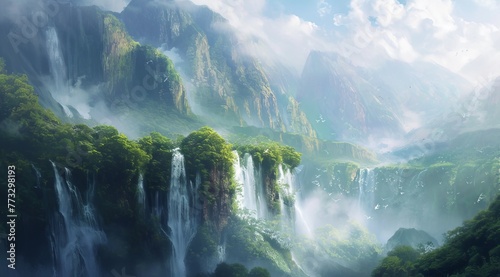  A waterfall painted in a forest's heart, mountain backdrop, cloud-dotted sky