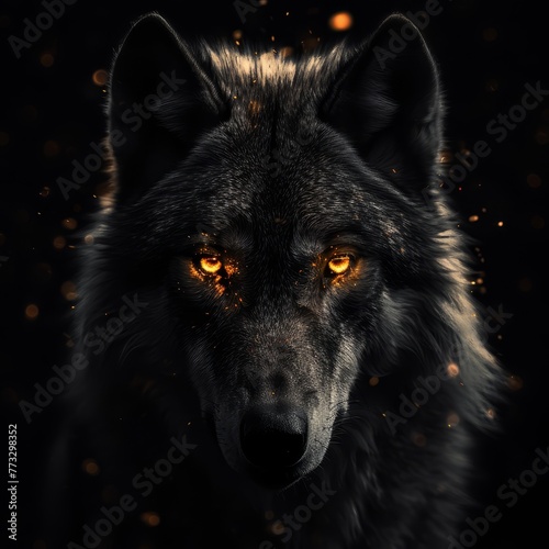   Up-close wolf face on black backdrop, eyes radiant yellow, hazy surround © Mikus
