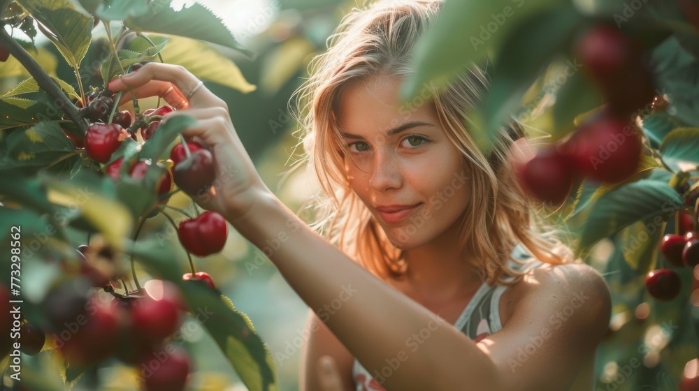 Woman working in a cherry orchard. Picking cherries from tree Woman working in a cherry orchard. Picking cherries from tree