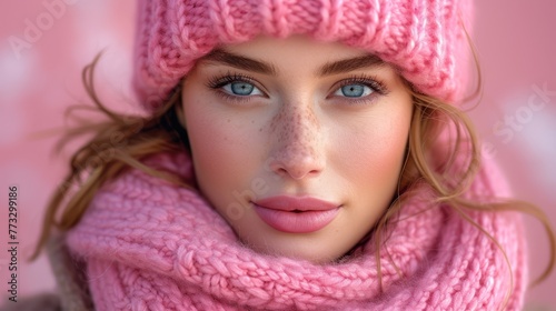   A woman in close-up, donning a pink scarf and a matching knitted hat Wind gently tosses her untamed hair photo