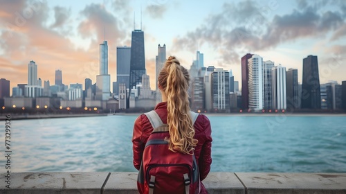 Wanderlust gazing at the Chicago skyline from the Adler Planetarium,contemplative pose,back view,panoramic composition,daylight,afternoon,high depth photo