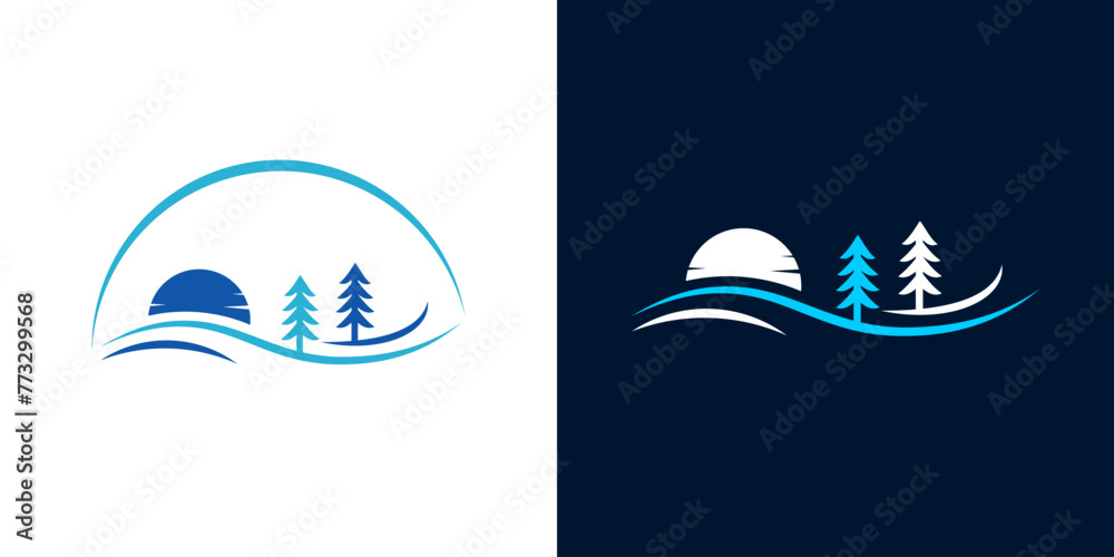 Pine tree river lake blue logo - obrazy, fototapety, plakaty 