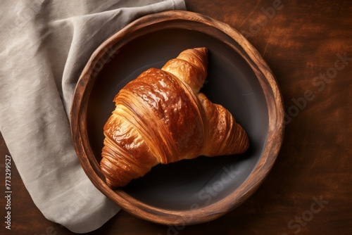 Hearty croissant in a clay dish against a natural brick background