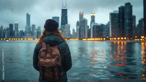 A Solitary Wanderer Admiring the Captivating Cityscape of Chicago's Navy Pier at Dusk photo