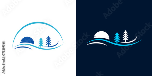 Pine tree river lake blue logo