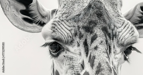Gentle giraffe face, long lashes, unique patterns on fur, calm demeanor.