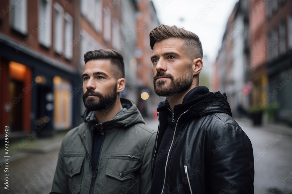 AI generated picture of two men traveling walking city street together AI generated picture of two men traveling walking city street together