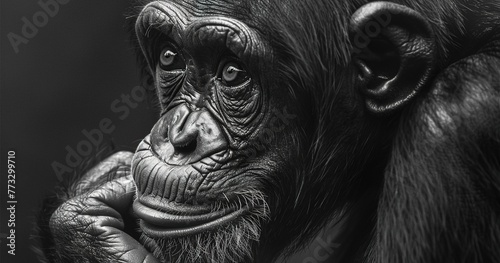 Pensive chimpanzee  deep in thought  detailed facial expressions  close-up. 