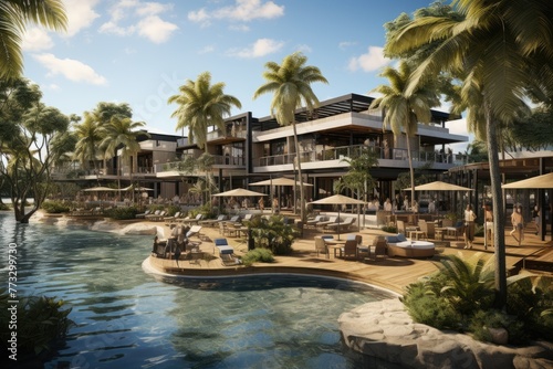 the beach club area full of bungalows made out of bamboos inspiration ideas