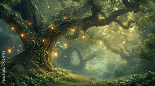 Fairytale Illumination  Step into the Enchanted Forest Glow  Where a Fairytale Tree Adorned with Lanterns Illuminates the Mystical Woodland  Creating a Magical Nature Scene Straight out of a Dream